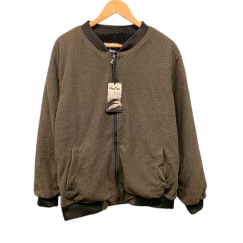 HanTon‎ Bomber Jacket Men's Size Large Green Sherpa Lined Full Zip Fleece Winter